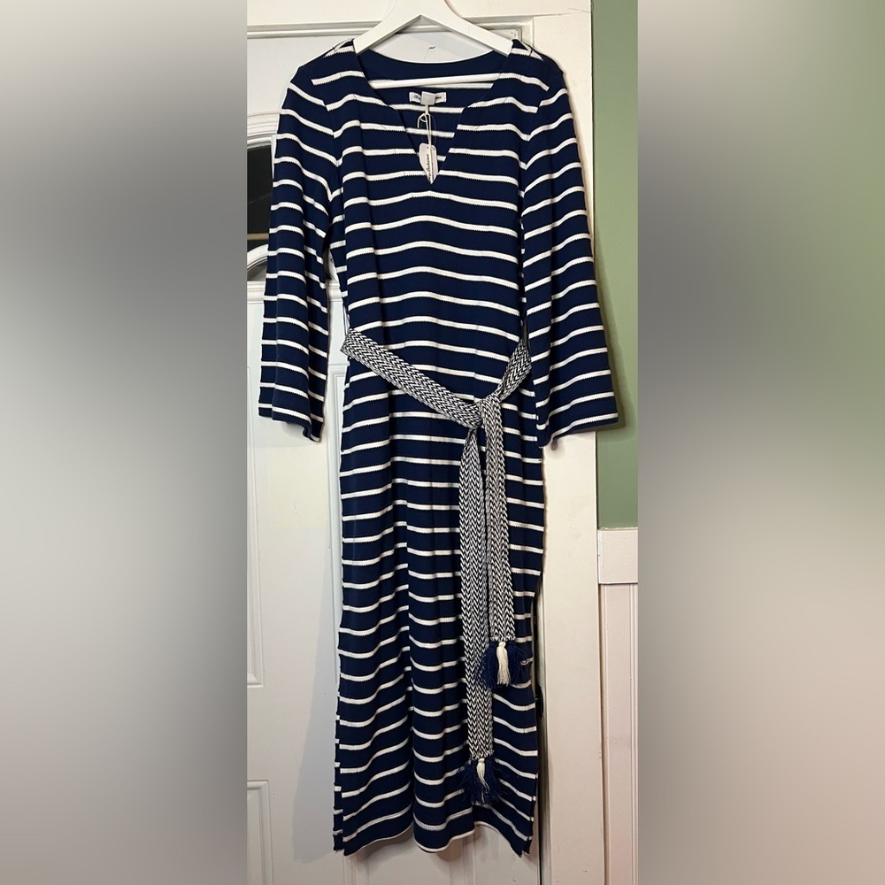 Tommy Bahama Sun Harbor Navy and White Striped Long Sleeve Midi Dress Small NWT